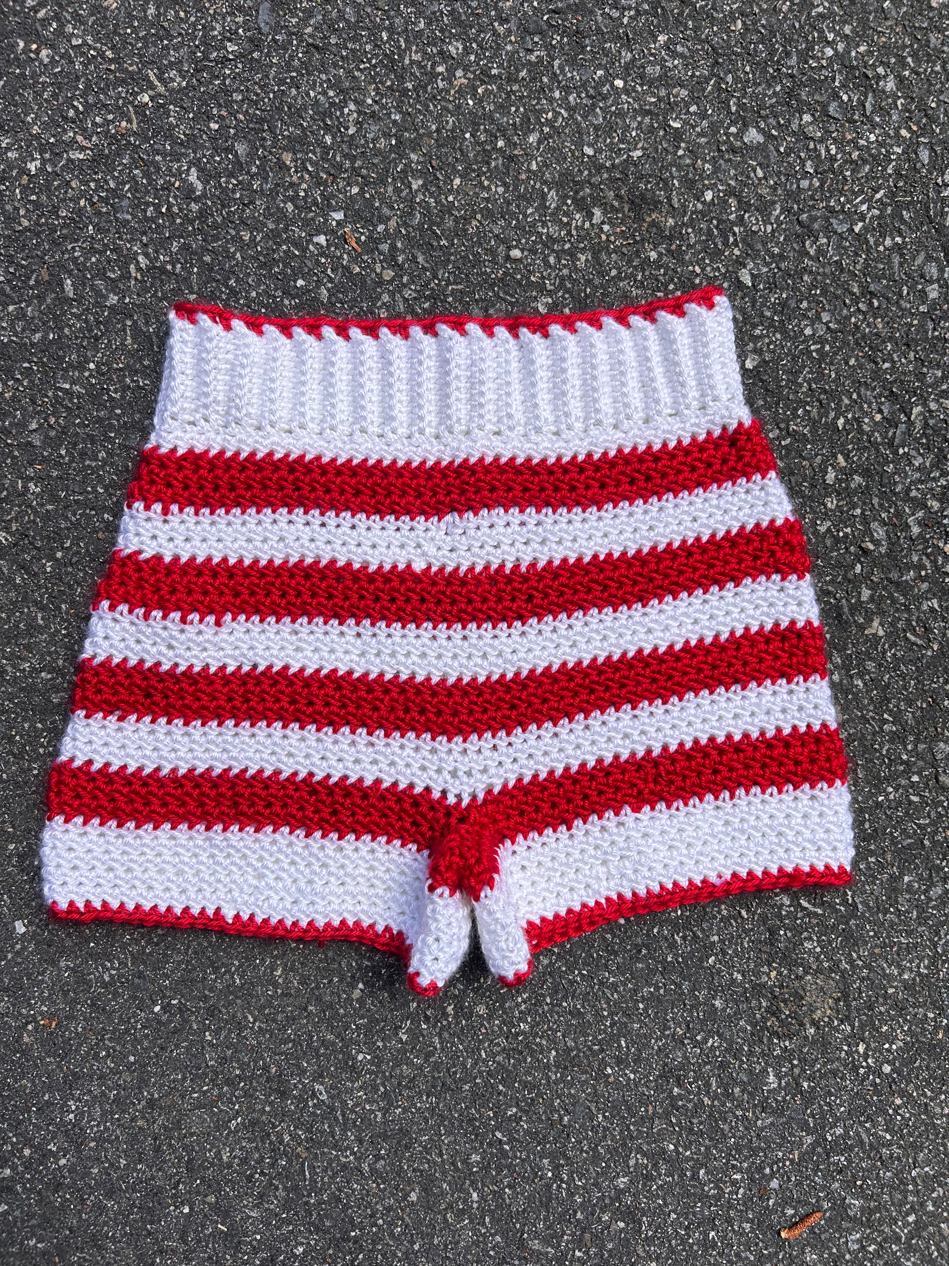 Crochet Red and White Striped Mini Shorts