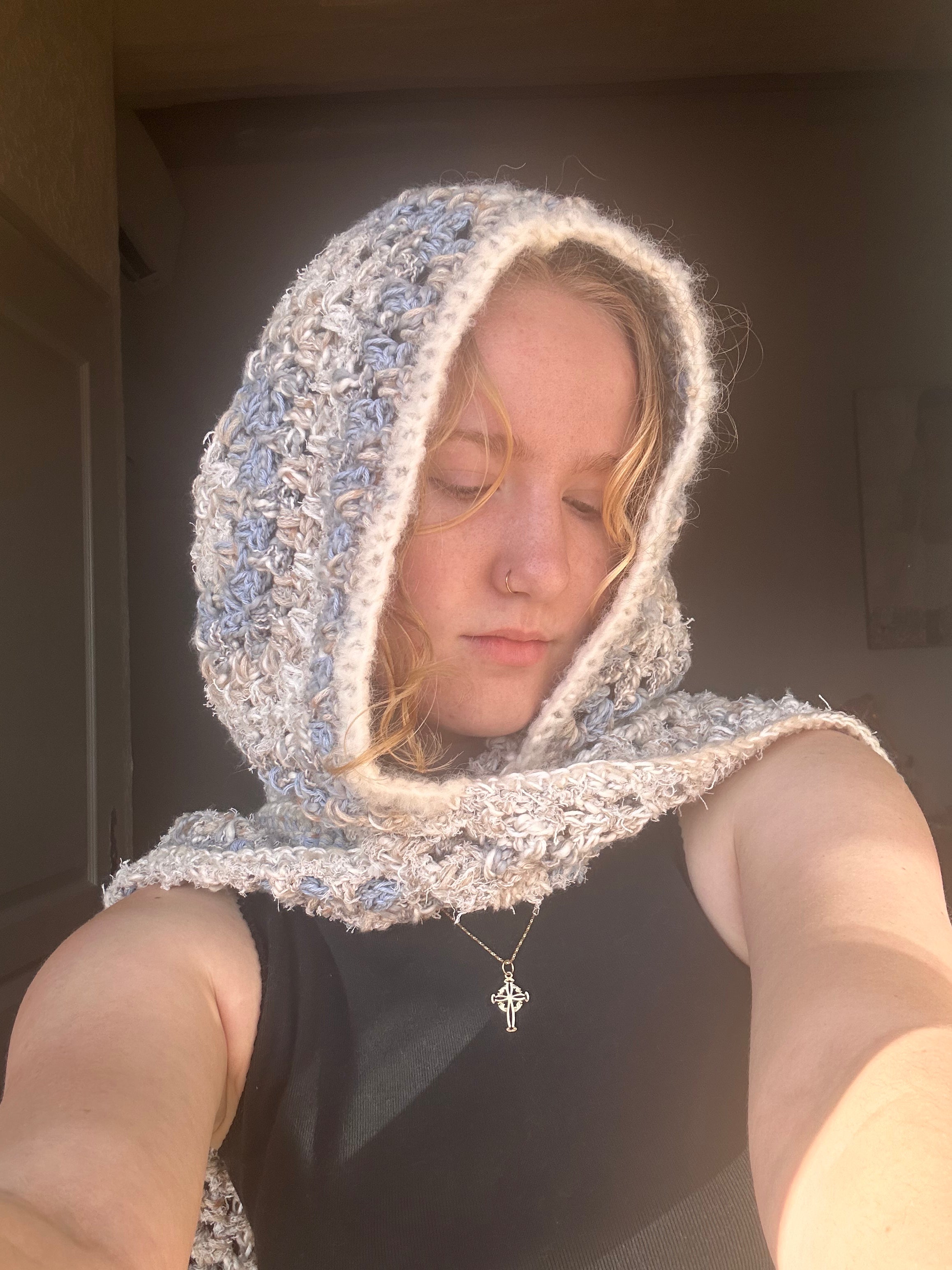 Crochet hooded scarf