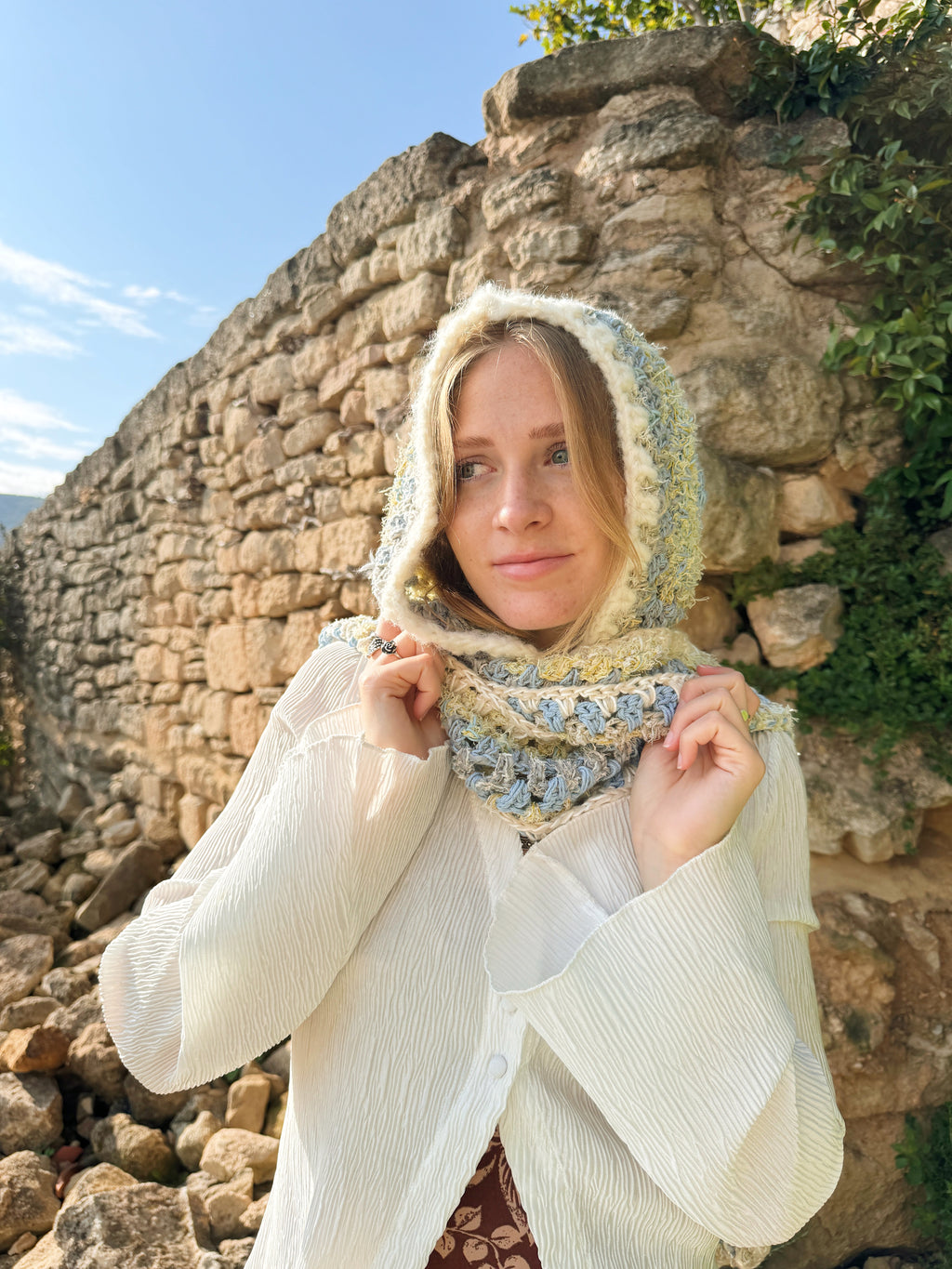 Crochet hooded scarf