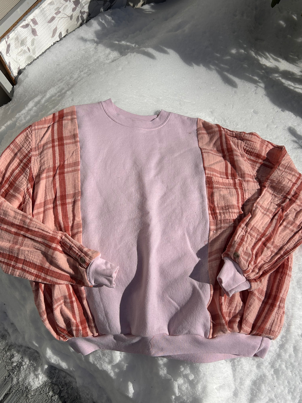 Pink upcycled flannel sweatshirt