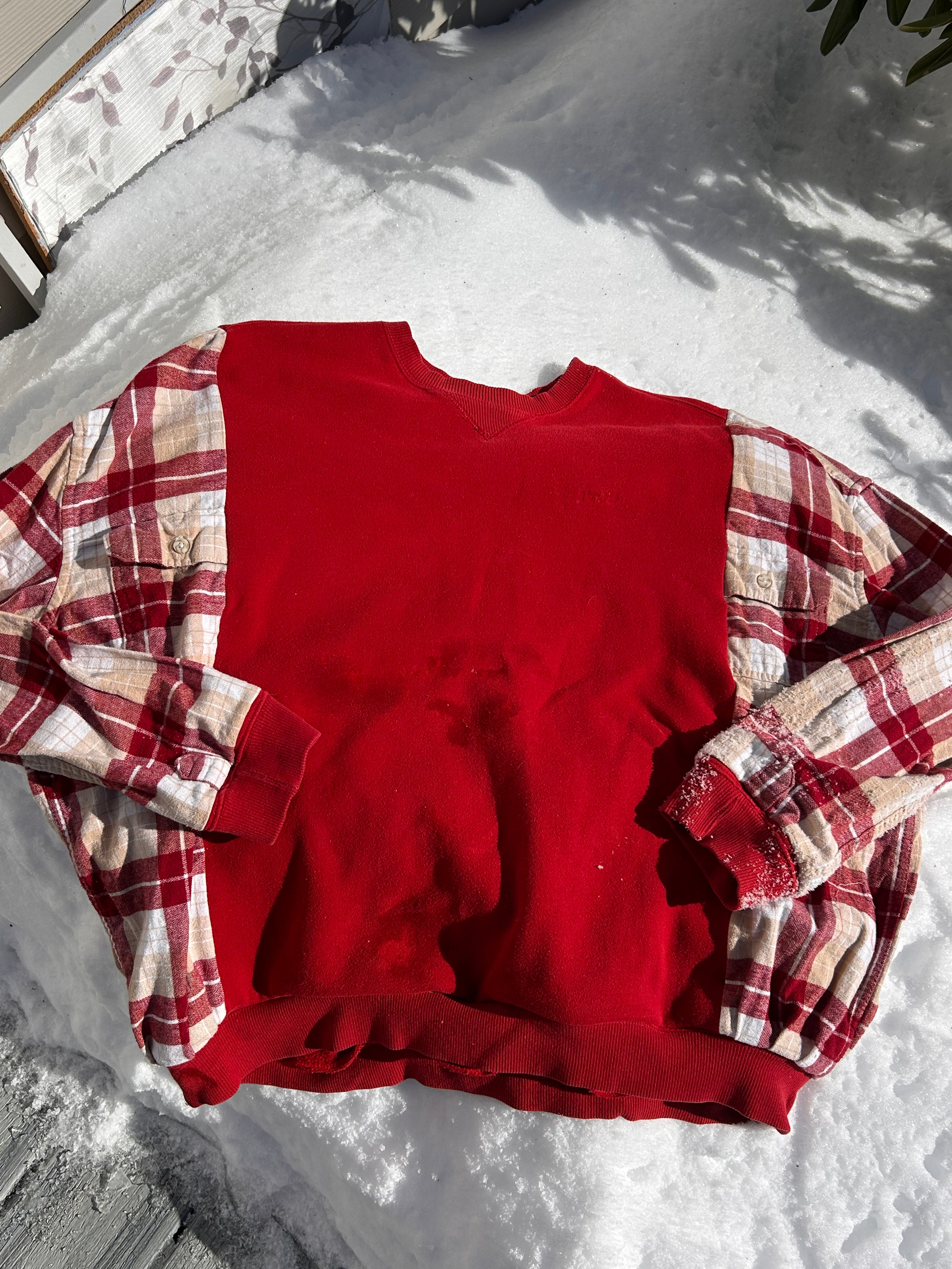 Upcycled red flannel sweatshirt