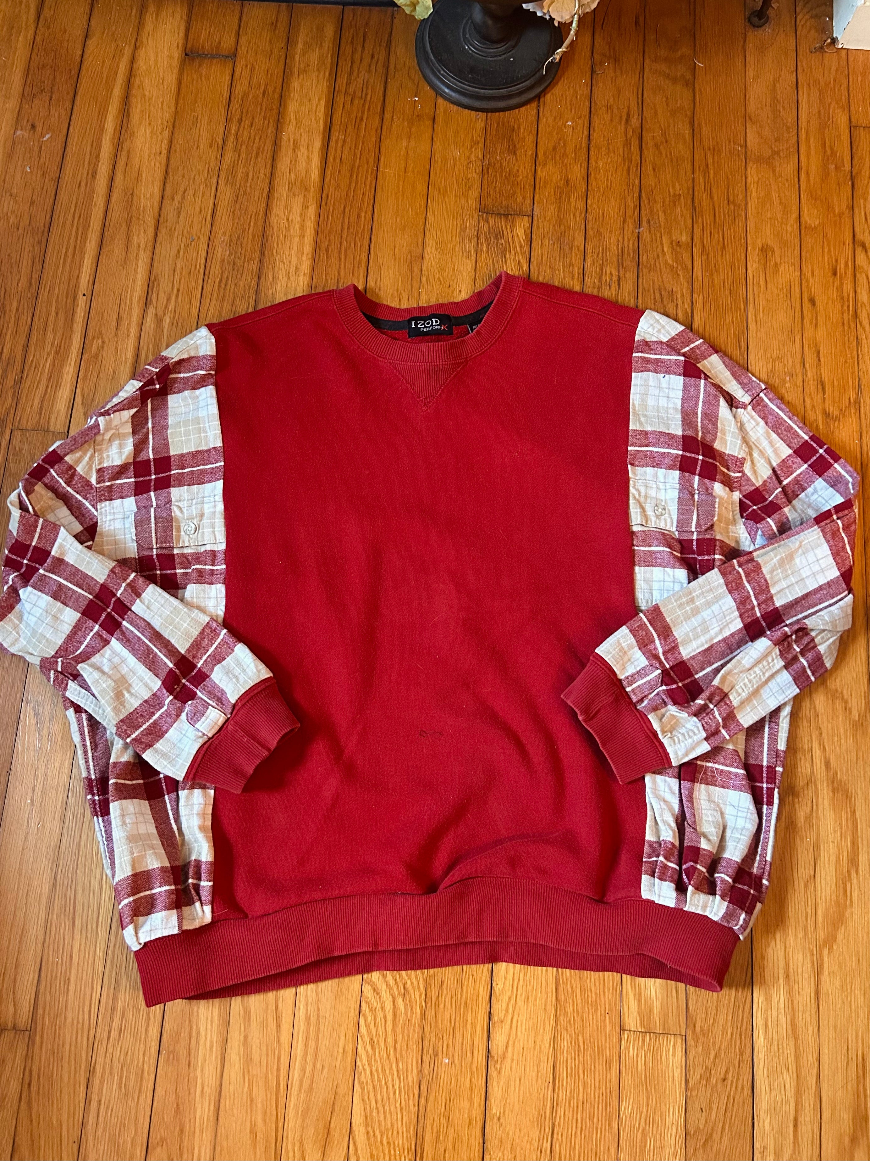 Upcycled red flannel sweatshirt