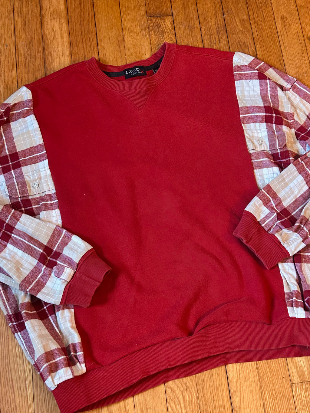 Upcycled red flannel sweatshirt