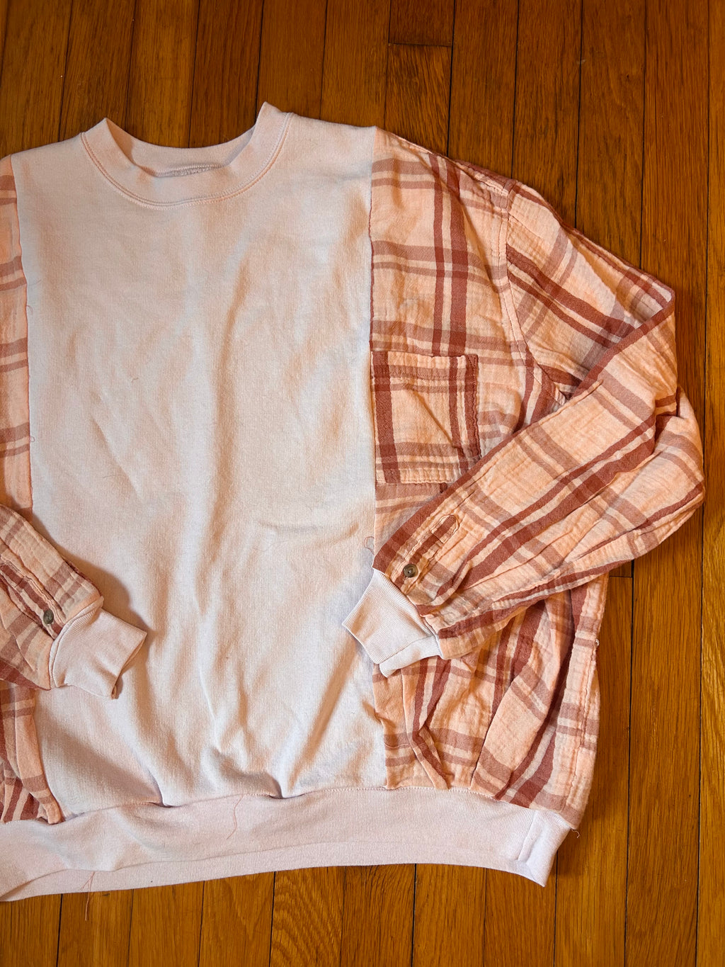 Pink upcycled flannel sweatshirt