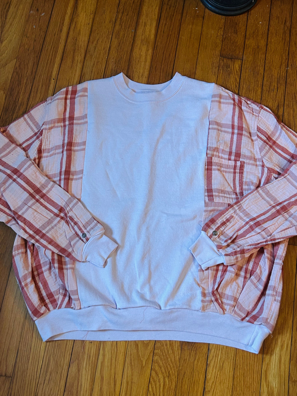 Pink upcycled flannel sweatshirt